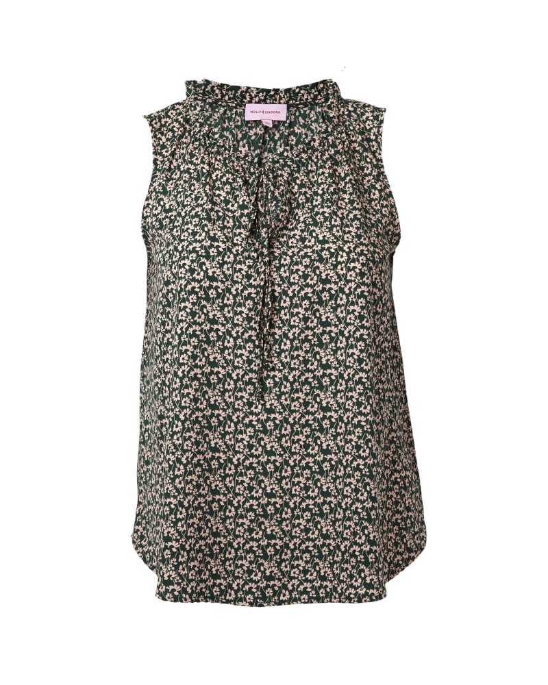 Front of a size 1X Brielle Tie-Neck Printed Sleeveless Popover Top in Forest Green / Ivory by Molly & Isadora. | dia_product_style_image_id:254406